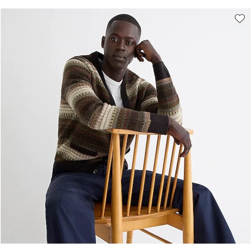 Mens Unisex J Crew Wool Fair Isle Cardigan Sweater Small brown V neck stripe tan - Picture 2 of 16